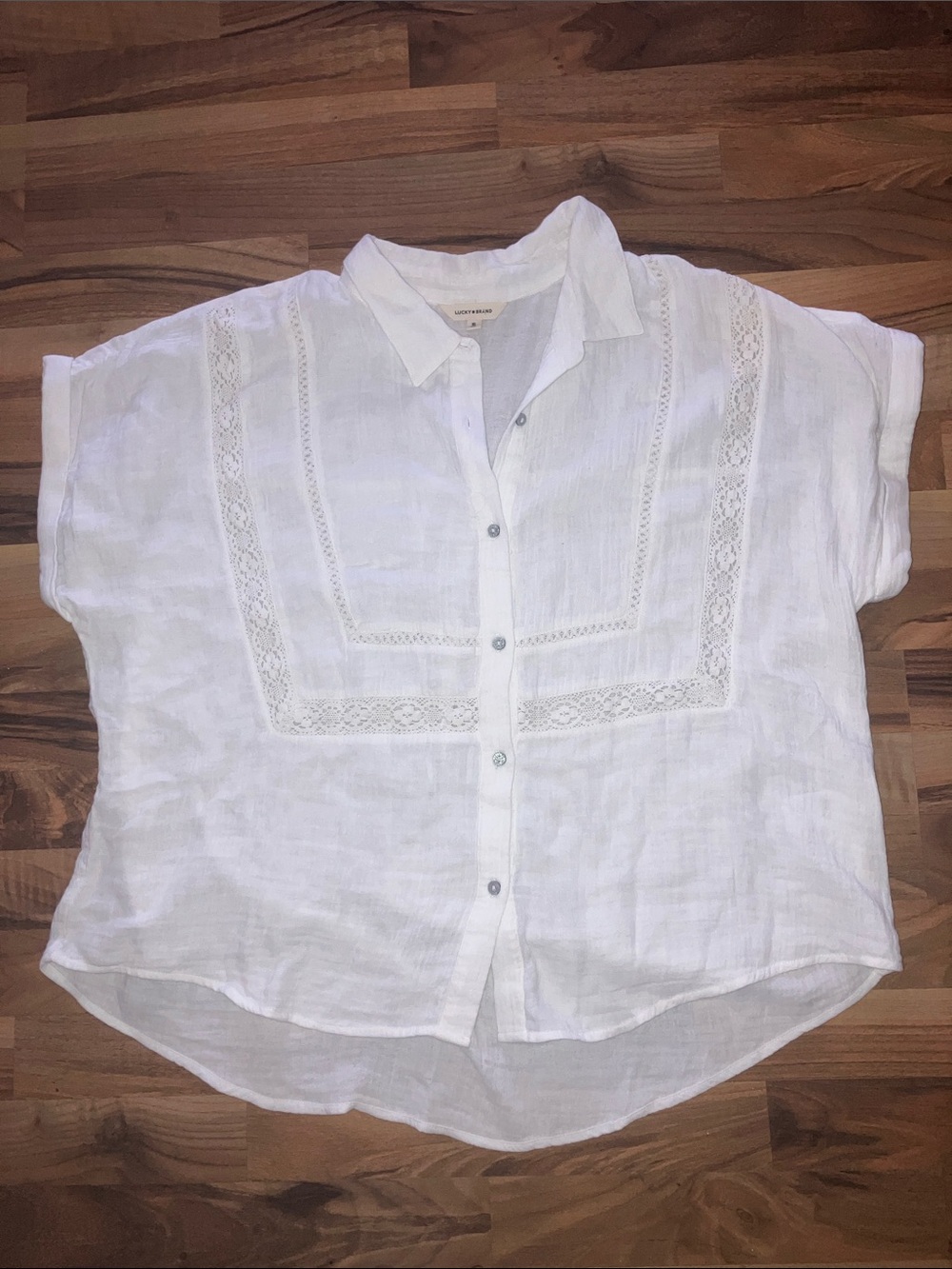Lucky brand short sleeve white button-down, crochet lace blouse, women’s sz XL